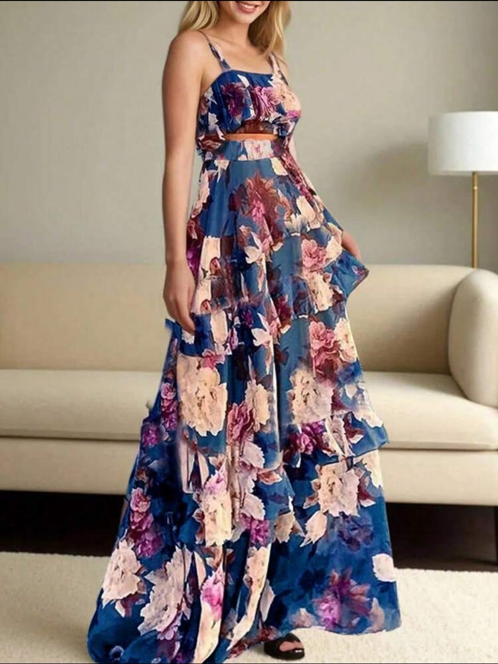 Floral Tiered Maxi Skirt in Navy Blue - Women's Skirt Maxi - Picture 6 of 6